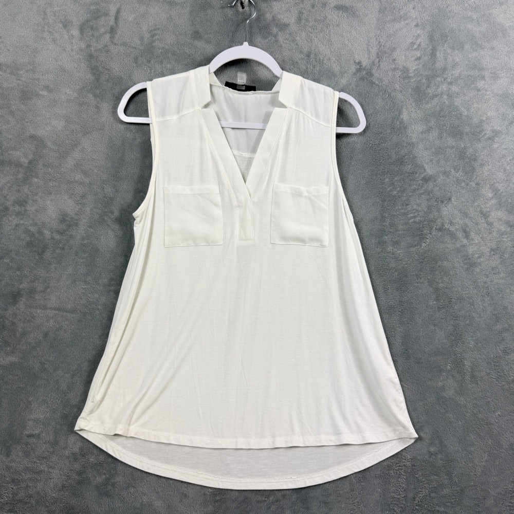 Cable & Gauge Womens M White Sleeveless Blouse V-Neck Pocket Quiet Luxury Tank